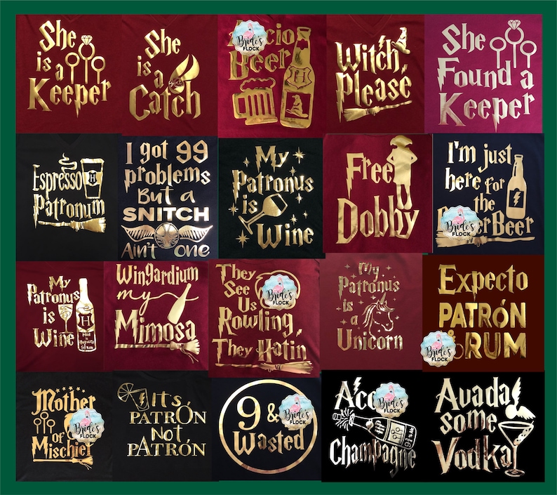 May include: A collection of various t-shirts with gold lettering and graphics on burgundy and black backgrounds. The shirts feature phrases like "She is a Keeper," "Espresso Patronum," and "My Patronus is Wine." The overall theme is related to a popular fantasy series.