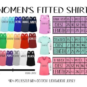 May include: Image of women's fitted shirts in various colors, including mint, navy, and red. The image displays tank tops, crew neck, and V-neck styles with chest and length measurements in inches for sizes XS to XXL. The fabric is 40% polyester and 60% cotton.