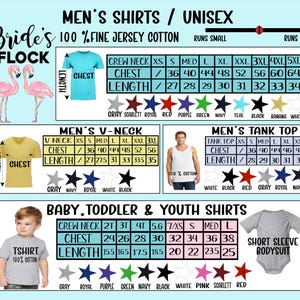 May include: A product image featuring a size chart for various shirt styles, including crew neck, V-neck, and tank tops, in unisex and baby/youth sizes. The chart displays chest and length measurements in inches, along with a color palette.
