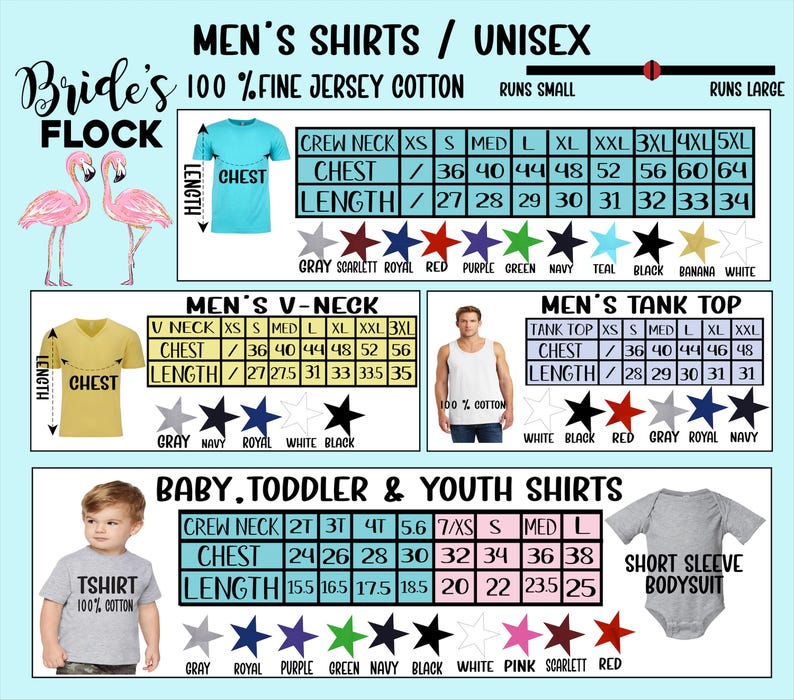 May include: A product image featuring a size chart for various shirt styles, including crew neck, V-neck, and tank tops, in unisex and baby/youth sizes. The chart displays chest and length measurements in inches, along with a color palette.