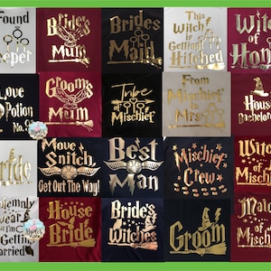 May include: A collection of various t-shirts with gold lettering and graphics. The shirts feature phrases like "I Found a Keeper," "Bride's Mum," and "Mischief Crew." The shirts are in various colors, including black, white, and burgundy.
