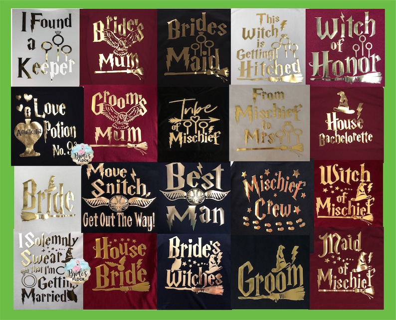 May include: A collection of various t-shirts with gold lettering and graphics. The shirts feature phrases like "I Found a Keeper," "Bride's Mum," and "Mischief Crew." The shirts are in various colors, including black, white, and burgundy.