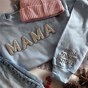 Mama Sweatshirts, Gift For Mom, Christmas Gift For Mom, Personalized with kids names on the sleeve, Silver Stud Patches,  Stud805