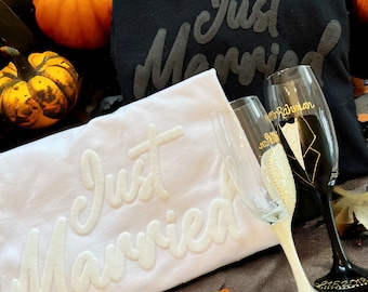 Puff Print Mr. and Mrs. Shirts, Honeymoon Shirt, Anniversary, Bride and Groom Embossed Shirt, Just Married shirts, 902