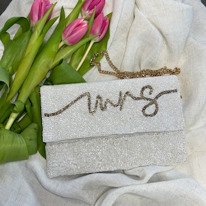 Bride  Clutch Bag, Mrs Seed Bead Clutch Bag, Beaded Clutch Purse, Cross Body Beaded Party Clutch Bags, Beaded Purse Gifts for Bride
