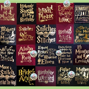 May include: Collection of black, burgundy, and green t-shirts with gold lettering. Each shirt features a unique phrase or quote, including references to mischief, birthdays, and wizarding themes. The shirts are arranged in a grid.