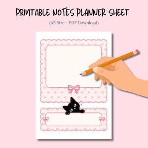 Folha de anotações A5 de gato preto | Papelaria rosa kawaii | Página de diário para impressão | Download digital fofo | Encarte de planejador de gato coquete