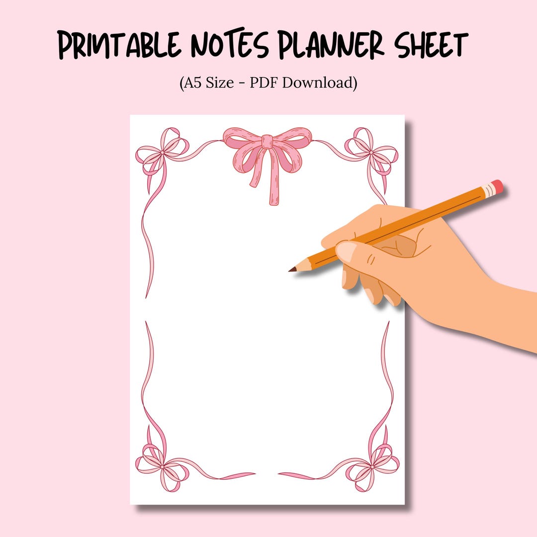 Pink Bow A5 Notes Sheet: Elegant Printable Journal Page (digital ...