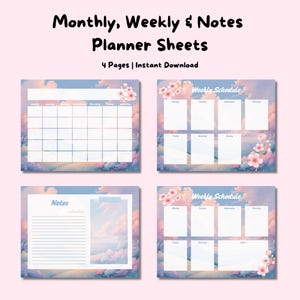 Puede incluir: Cuatro hojas de planificador imprimibles con un fondo de acuarela rosa pastel y azul con nubes y flores de cerezo. Las hojas incluyen un calendario mensual, dos horarios semanales y una página de notas.