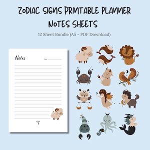 Puede incluir: Hojas de notas de planificador imprimibles con 12 signos del zodíaco. Cada hoja tiene un área rayada para notas y una pequeña ilustración de un signo del zodíaco. El texto "Zodiac Signs Printable Planner Notes Sheets" y "12 Sheet Bundle (A5 - PDF Download)" está en la parte superior de la imagen.
