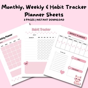 Cute Pink Cat Planner Bundle, Printable Planner Pages, Weekly Planner, Monthly Planner, Habit Tracker, Kawaii Cat Planner, Cat Lover Gift
