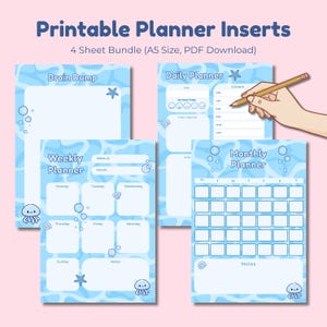 Könnte beinhalten: Druckbare Planereinlagen in einem 4-Blatt-Bundle. Die blau-weißen Designs umfassen einen Brain Dump, einen Tages-, Wochen- und Monatsplaner. Der Wochenplaner hat Platz für jeden Wochentag. Der Monatsplaner hat ein Kalenderraster.