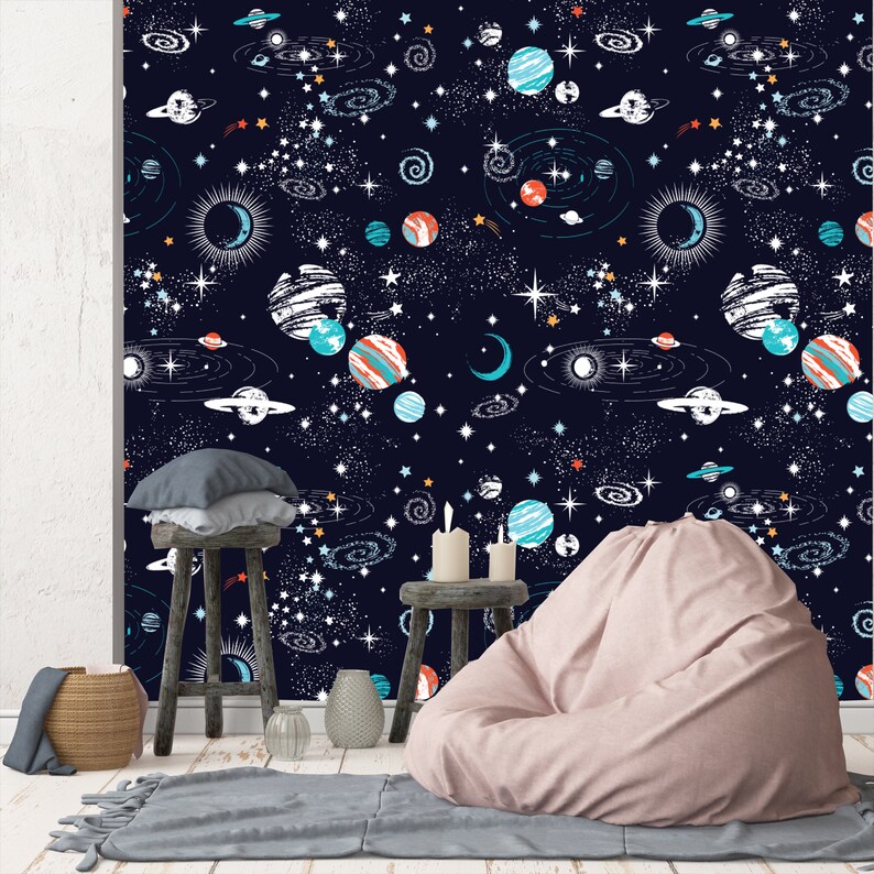 Galaxy World Nursery Decor Wall Paper Removable Peel and Etsy
