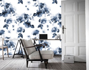 Indigo Floral Peel and Stick Wallpaper: Gray Flower Wall Decor