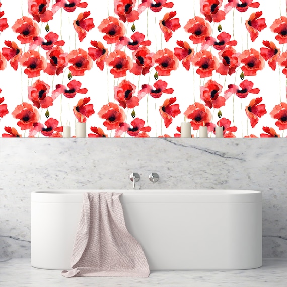 Red Poppies Peel and Stick Wallpaper: Removable Floral Wall Decor