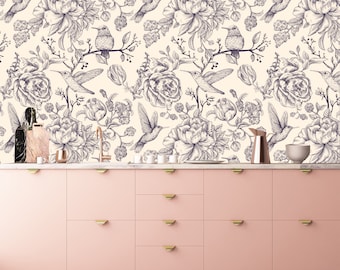 Floral Peonies Removable Wallpaper: Birds, Black on Cream