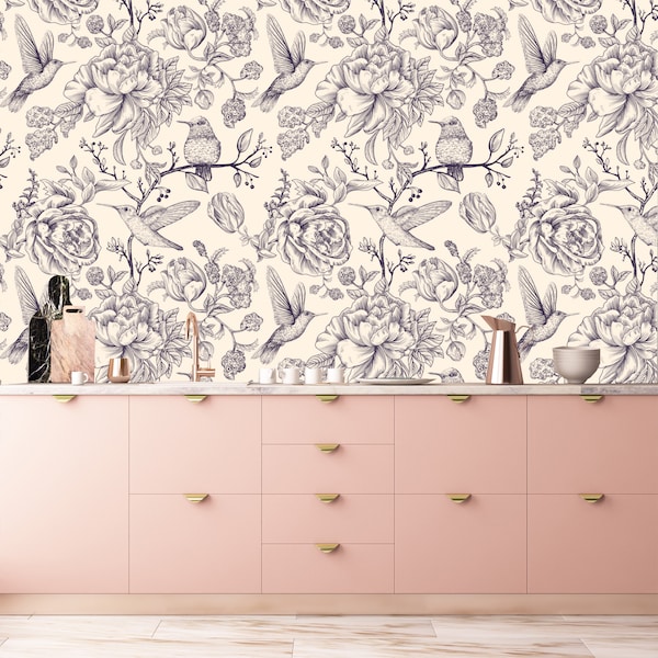 Removable Wallpaper Birds, Peel and Stick wallpaper Floral, Wall paper Floral with birds, Wallpaper Removable Floral Peonies .