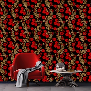 Abnehmbare Tapete Vintage, Rote Vintage Tapete, Peel and Stick Wandpapier, Rote Blumen Tapete