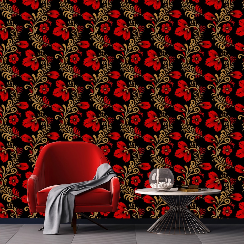 Removable Wallpaper Vintage Red Vintage Wallpaper Peel and Etsy
