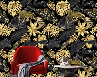 Tropical Peel and Stick Wallpaper: Black & Gold Leaves, Removable Vinyl