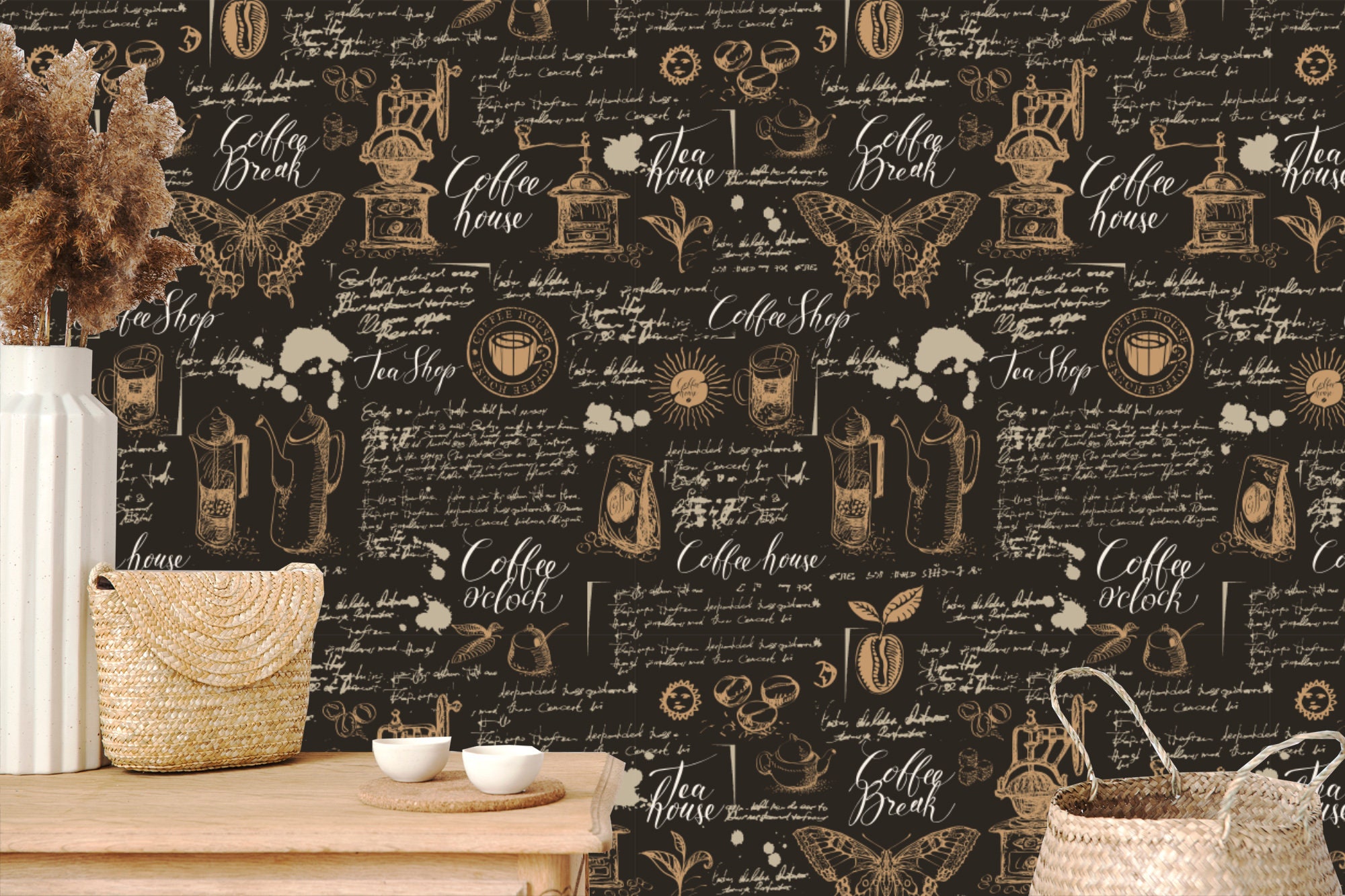 Wall paper peel and Stick Coffee theme Coffee Beans mural | Etsy