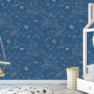 Carta da parati Constellation, Carta da parati Constellation per bambini, Carta da parati temporanea costellazione, Carta da parati per asilo nido spaziale