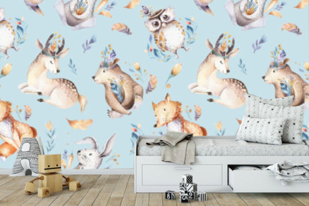 Nursery Animals Wallpaper Peel and Stick, Removable Wall Paper for Kids