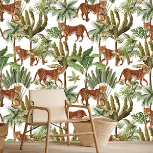 Tropical Cheetah Peel and Stick Wallpaper, Jungle Cheetah Removable Wallpaper,  Tropical  Peel and Stick , Jungles animals wallpaper