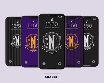 Set of 6 Wednesday (Addams) wallpapers for iOS and Android // School Crest // Digital Download