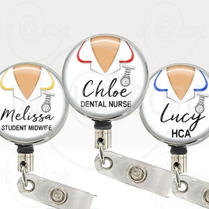 PERSONALISED WHITE Tunic Medical Uniform Retractable ID Card Badge Reel for Nurse or Health Care Assistant