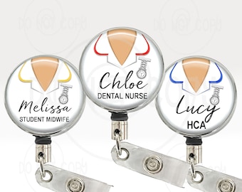 PERSONALISED WHITE Tunic Medical Uniform Retractable ID Card Badge Reel for Nurse or Health Care Assistant, Pin back button badge