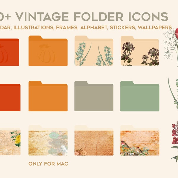 Desktop Folder Icons, Beige, green, brown, red, orange, flowers, botanical set, Mac, macbook, wallpaper organizers