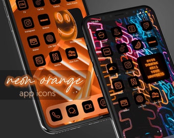 Neon Orange App Icons, black minimal, glow trendy theme, aesthetic homescreen ios 14, 15 iphone and android