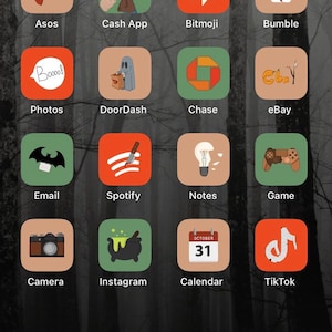 May include: A screenshot of an iPhone with a Halloween-themed app icon design. The icons are in a grid pattern and feature various apps such as Acorn, Behance, App Store, Amazon, Asos, Cash App, Bitmoji, Bumble, Photos, DoorDash, Chase, eBay, Email, Spotify, Notes, Game, Camera, Instagram, Calendar, TikTok, Discord, HBO Max, and a timer app.