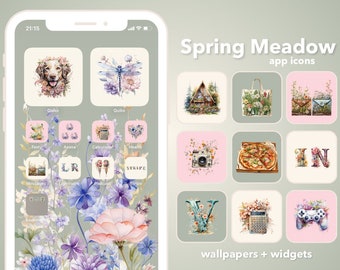 App Icons Spring Meadow Template Files Wild Flowers Widgets Letters Floral Watercolor yellow orange vintage colorful lilac pink green blue