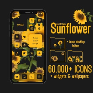 Puede incluir: Una maqueta de iPhone negro con una pantalla de inicio de iOS 14 con temática de girasol. La pantalla muestra una variedad de iconos de aplicaciones, incluyendo Amazon, Twitch, TikTok y Twitter. El teléfono está rodeado de un fondo negro con un gráfico de girasol y el texto "ios 14 theme Sunflower" y "60.000+ ICONS + widgets & wallpapers".
