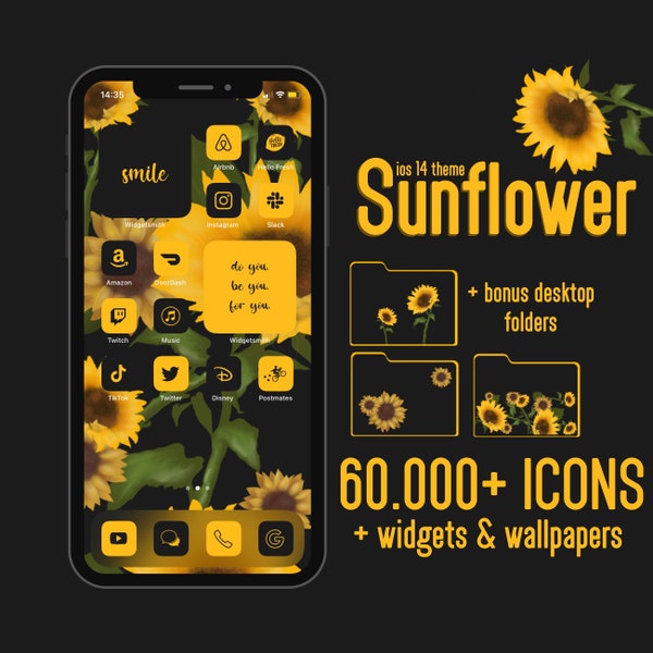 App Icons Sunflower | Yellow and Black Icons | Flower, Spring iOS Theme | Widget Quotes | iOS Templates | Aesthetic Home Screen