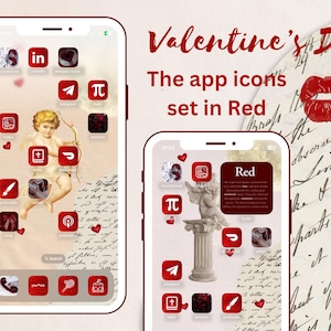 バレンタインのアプリアイコンセット（赤）、かわいい、赤いアイコン、美しいホーム画面のiPhoneとAndroid