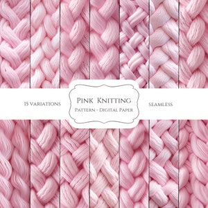 May include: A digital paper design featuring various seamless pink knitting patterns. The image showcases 15 variations of the knitted texture, with the words "Pink Knitting Pattern - Digital Paper" displayed in a decorative frame. The word "Seamless" is also visible.