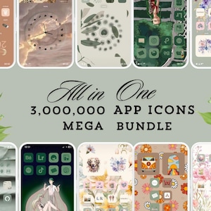 May include: A collage of nine phone screens showcasing different app icon designs. The screens feature various themes, including floral, abstract, and minimalist styles. The text "All in One 3,000,000 APP ICONS MEGA BUNDLE" is displayed in the center of the image.