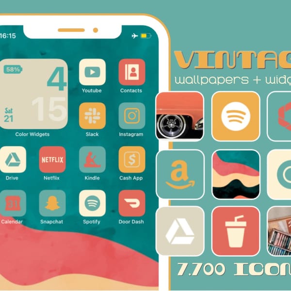 7,700 Vintage Theme App Icons | Teal, yellow, red, coral, summer, retro, colorful icons | Aesthetic Home Screen Layout