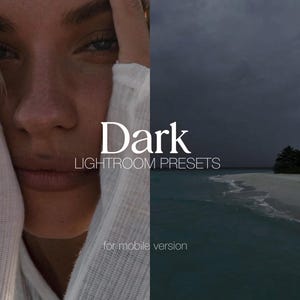 Peut inclure: Le visage d'une femme est partiellement caché par un pull blanc. L'arrière-plan est un ciel bleu foncé au-dessus d'une plage de sable blanc et d'eau turquoise. Le texte "Dark Lightroom Presets for mobile version" est affiché en blanc.
