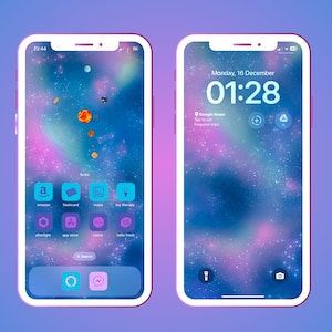 May include: A smartphone with a blue and purple galaxy-themed background. The time is 01:28 and the date is Monday, 16 December. The phone has several app icons on the home screen, including Amazon, Flashcard, Maps, and Hello Fresh.