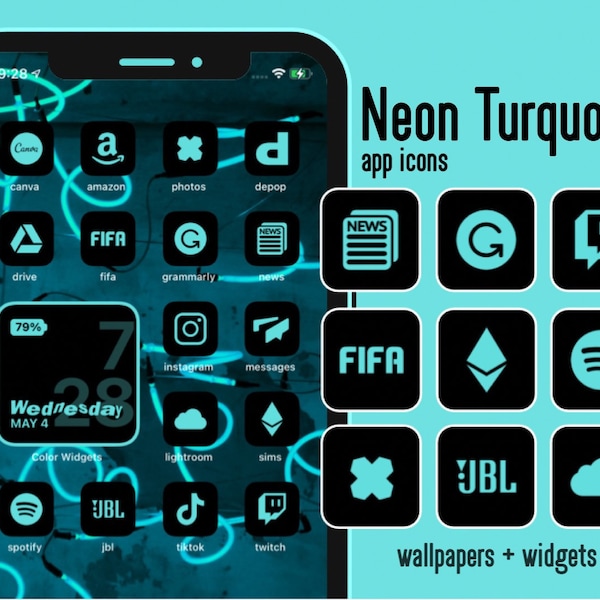 Neon Blue Icons Iphone Etsy Canada