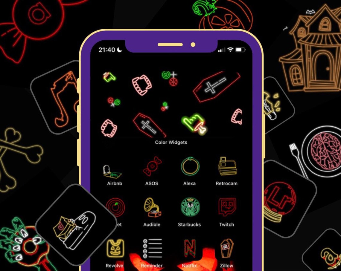 Halloween Neon App Icons, Red, Orange, Green, Yellow Homescreen, iPhone
