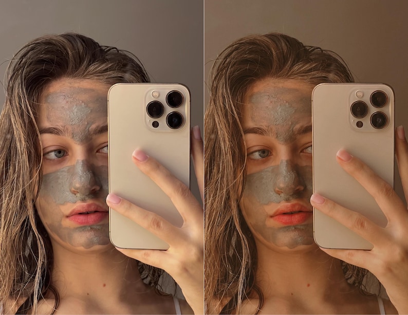May include: A person with a gray face mask is taking a selfie with a gold iPhone. The phone is held in front of their face, covering part of their face and hair.