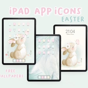 May include: Two iPad screens with a pastel green background. The screens display a light blue and white background with a cartoon bunny rabbit wearing a flower crown. The bunny is looking up at a pink butterfly. The text "iPad App Icons Easter" is displayed in pink at the top of the image. The text "FREE WALLPAPERS" is displayed in pink at the bottom of the image.