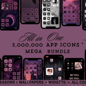 May include: A digital art image showcases a mega bundle of app icons, wallpapers, and widgets. The design features a purple color scheme with various app icons displayed on smartphones. Text includes "All in One" and "3,000,000 APP ICONS MEGA BUNDLE."