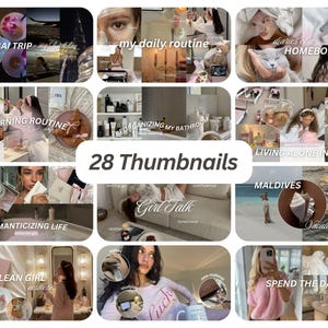 Puede incluir: Un collage de 28 miniaturas para videos de YouTube. Las miniaturas presentan una variedad de temas, que incluyen viajes, belleza, estilo de vida y crecimiento personal. Algunas de las miniaturas incluyen texto, como "Viaje a Dubái", "Mi rutina diaria", "Rutina matutina", "Romanticismo de la vida", "Chica limpia", "Vivir sola en Nueva York", "Maldivas", "Vacaciones" y "Pasar el día conmigo".