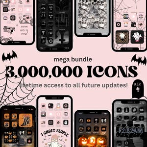 Puede incluir: Varios smartphones muestran iconos de aplicaciones con temática de Halloween. Las pantallas presentan diseños de calaveras, murciélagos y calabazas, con el texto "mega bundle 3,000,000 icons" y "lifetime access to all future updates!" sobre un fondo rosa.